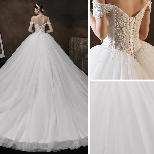 Luxury / Gorgeous White Bridal Wedding Dresses 2021 Ball Gown Off-The-Shoulder Short Sleeve Backless Appliques Lace Handmade  Beading Pearl Cathedral Train Ruffle