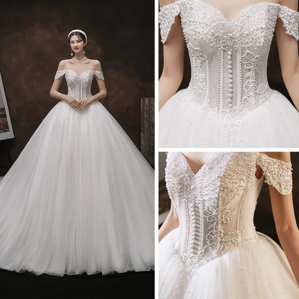 Luxury / Gorgeous White Bridal Wedding Dresses 2021 Ball Gown Off-The-Shoulder Short Sleeve Backless Appliques Lace Handmade  Beading Pearl Cathedral Train Ruffle