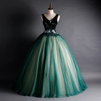 Haut De Gamme Vert Foncé Dansant Robe De Bal 2021 Robe Boule V Cou Sans Manches Appliques En Dentelle Perlage Longue Volants Dos Nu Robe De Ceremonie