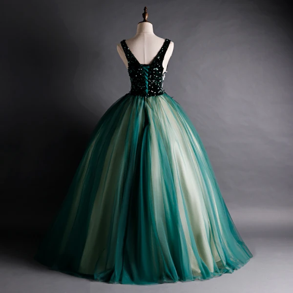 High-end Dark Green Dancing Prom Dresses 2021 Ball Gown V-Neck Sleeveless Appliques Lace Beading Floor-Length / Long Ruffle Backless Formal Dresses