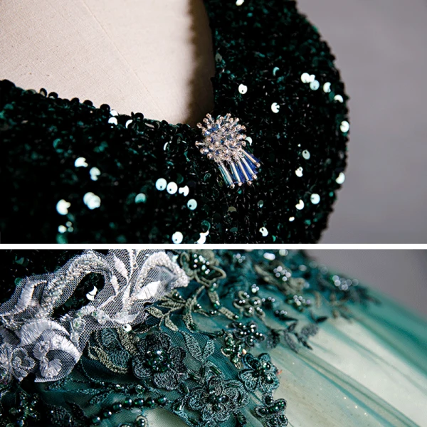 High-end Dark Green Dancing Prom Dresses 2021 Ball Gown V-Neck Sleeveless Appliques Lace Beading Floor-Length / Long Ruffle Backless Formal Dresses