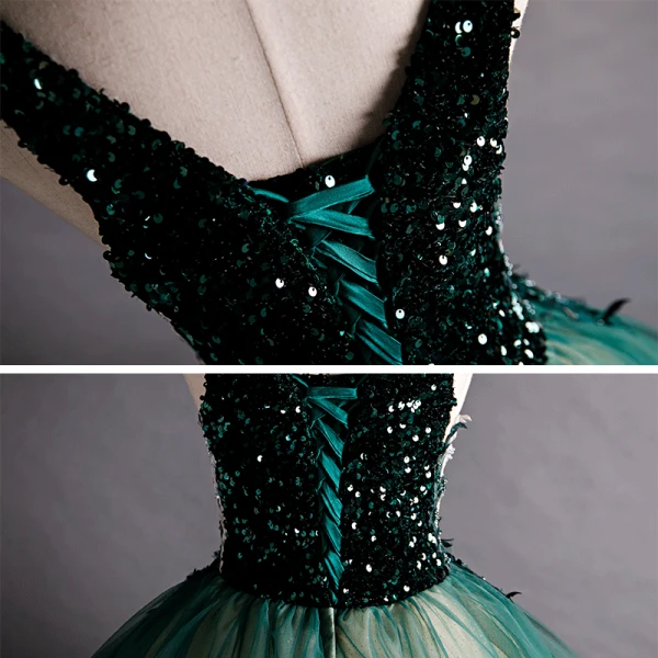 High-end Dark Green Dancing Prom Dresses 2021 Ball Gown V-Neck Sleeveless Appliques Lace Beading Floor-Length / Long Ruffle Backless Formal Dresses