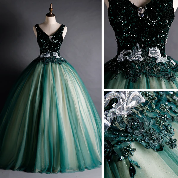 High-end Dark Green Dancing Prom Dresses 2021 Ball Gown V-Neck Sleeveless Appliques Lace Beading Floor-Length / Long Ruffle Backless Formal Dresses