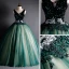 High-end Dark Green Dancing Prom Dresses 2021 Ball Gown V-Neck Sleeveless Appliques Lace Beading Floor-Length / Long Ruffle Backless Formal Dresses