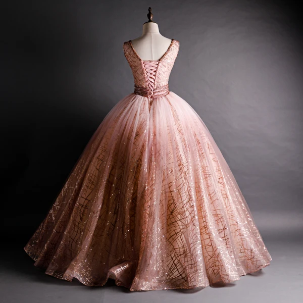 High End Pink Tanzen Ballkleider 2021 Ballkleid Durchsichtige Tiefer V-Ausschnitt Ärmellos Perlenstickerei Pailletten Lange Rüschen Rückenfreies Festliche Kleider
