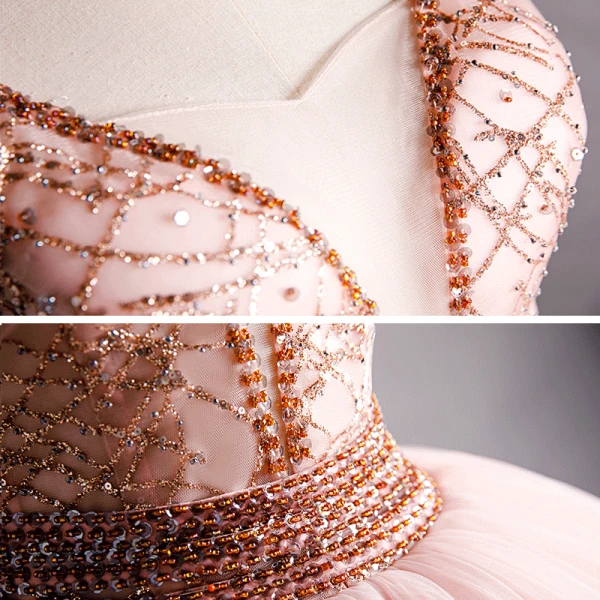 High End Pink Tanzen Ballkleider 2021 Ballkleid Durchsichtige Tiefer V-Ausschnitt Ärmellos Perlenstickerei Pailletten Lange Rüschen Rückenfreies Festliche Kleider