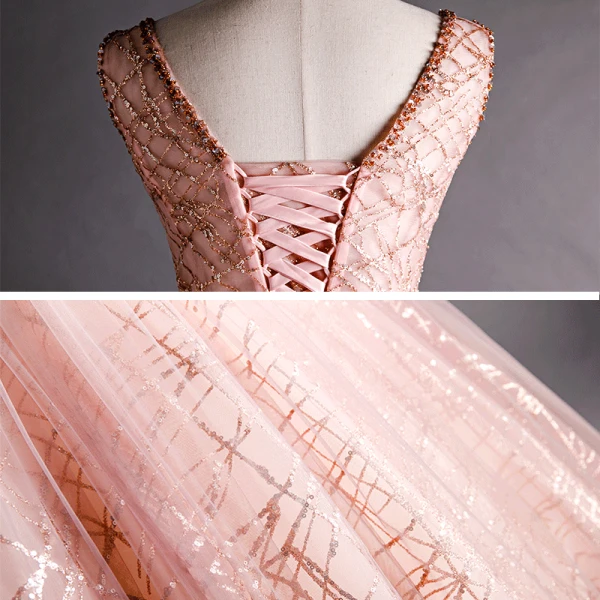 High End Pink Tanzen Ballkleider 2021 Ballkleid Durchsichtige Tiefer V-Ausschnitt Ärmellos Perlenstickerei Pailletten Lange Rüschen Rückenfreies Festliche Kleider