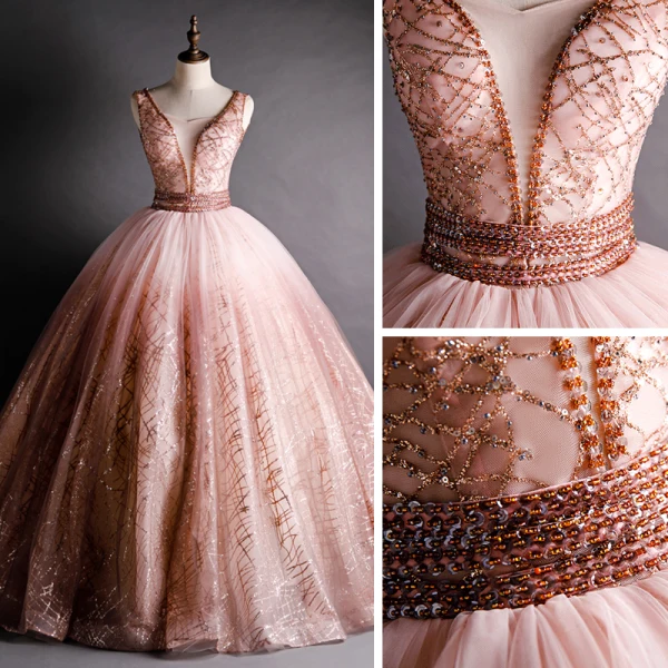 High End Pink Tanzen Ballkleider 2021 Ballkleid Durchsichtige Tiefer V-Ausschnitt Ärmellos Perlenstickerei Pailletten Lange Rüschen Rückenfreies Festliche Kleider