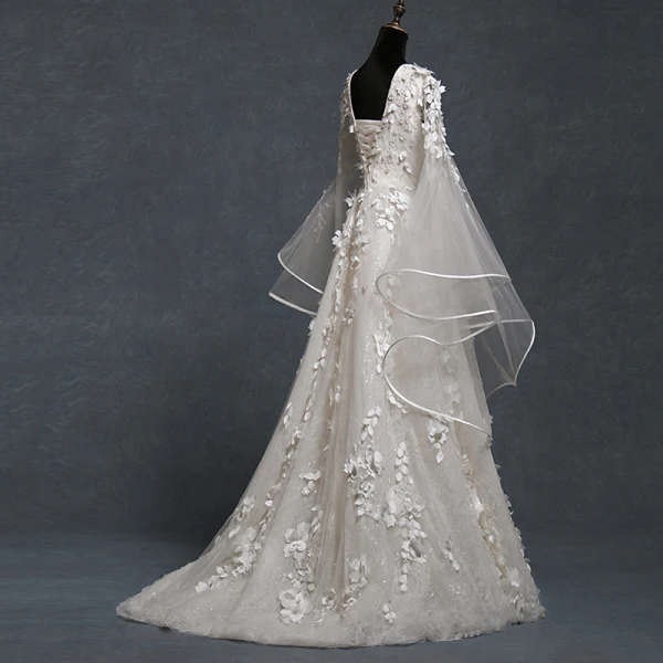 Modern / Fashion Champagne Wedding Dresses 2018 A-Line / Princess V-Neck Bell sleeves Backless Appliques Lace Glitter Tulle Court Train Ruffle