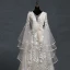 Modern / Fashion Champagne Wedding Dresses 2018 A-Line / Princess V-Neck Bell sleeves Backless Appliques Lace Glitter Tulle Court Train Ruffle