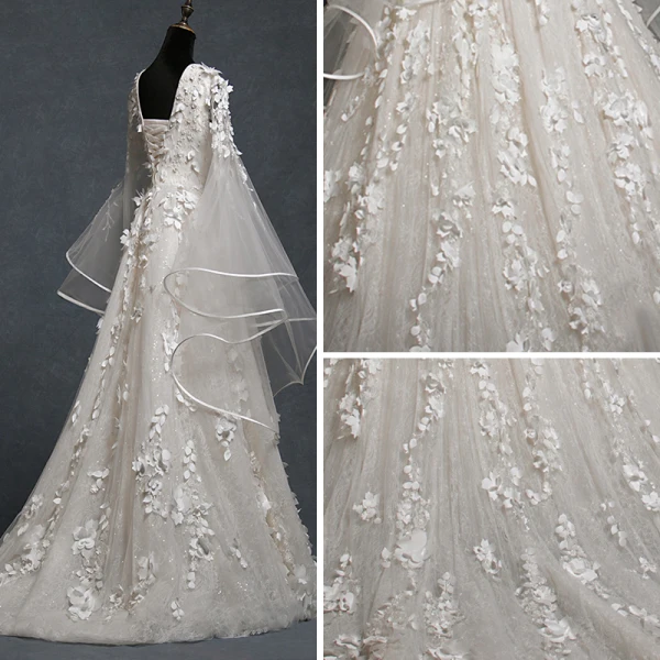 Modern / Fashion Champagne Wedding Dresses 2018 A-Line / Princess V-Neck Bell sleeves Backless Appliques Lace Glitter Tulle Court Train Ruffle