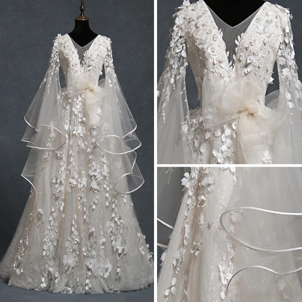 Modern / Fashion Champagne Wedding Dresses 2018 A-Line / Princess V-Neck Bell sleeves Backless Appliques Lace Glitter Tulle Court Train Ruffle