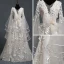 Modern / Fashion Champagne Wedding Dresses 2018 A-Line / Princess V-Neck Bell sleeves Backless Appliques Lace Glitter Tulle Court Train Ruffle
