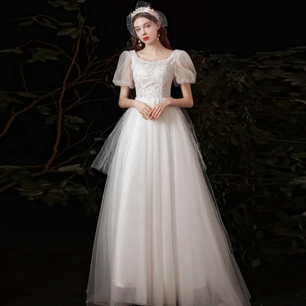 Affordable Outdoor / Garden White Wedding Dresses 2021 A-Line / Princess Square Neckline Puffy Short Sleeve Backless Appliques Lace Sequins Sweep Train