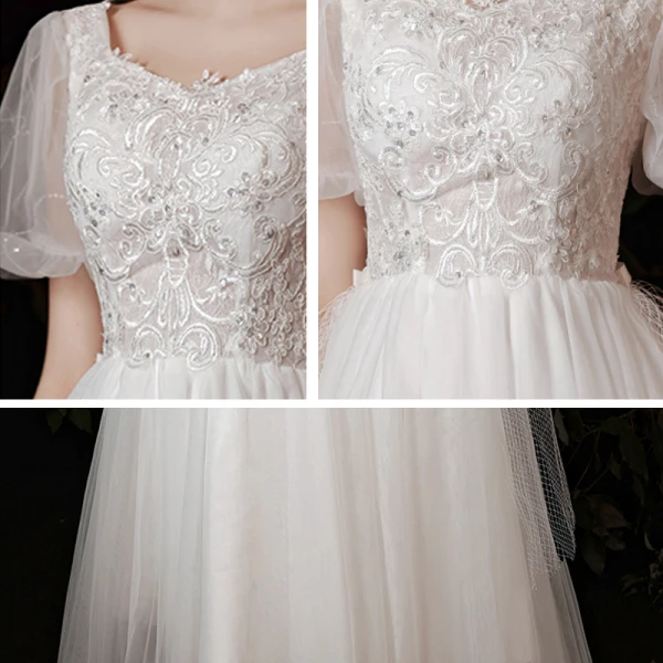 Abordable Jardin / Extérieur Blanche Robe De Mariée 2021 Princesse Encolure Carrée Gonflée Manches Courtes Dos Nu Appliques En Dentelle Paillettes Train De Balayage