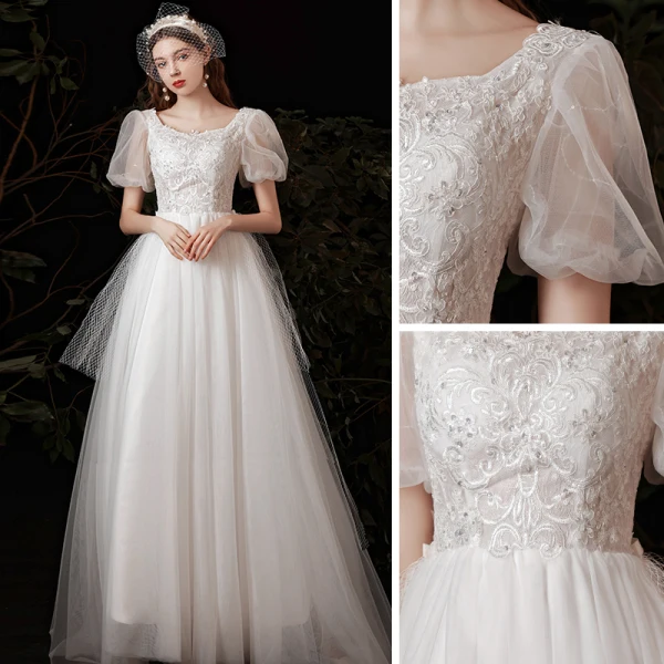 Abordable Jardin / Extérieur Blanche Robe De Mariée 2021 Princesse Encolure Carrée Gonflée Manches Courtes Dos Nu Appliques En Dentelle Paillettes Train De Balayage