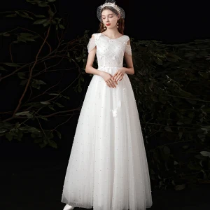 Affordable White Outdoor Garden Wedding Dresses 2021 A Line Princess V Neck Short Sleeve Backless Butterfly Appliques Lace Beading Pearl Floor Length Long Ruffle