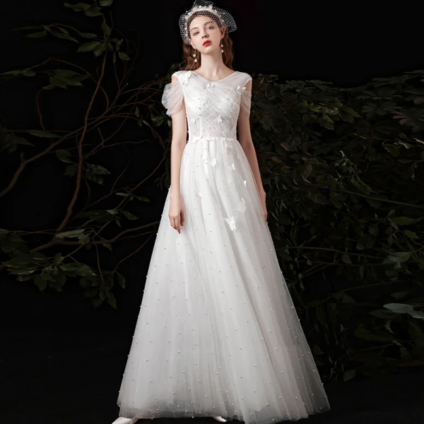Affordable White Outdoor / Garden Wedding Dresses 2021 A-Line / Princess V-Neck Short Sleeve Backless Butterfly Appliques Lace Beading Pearl Floor-Length / Long Ruffle