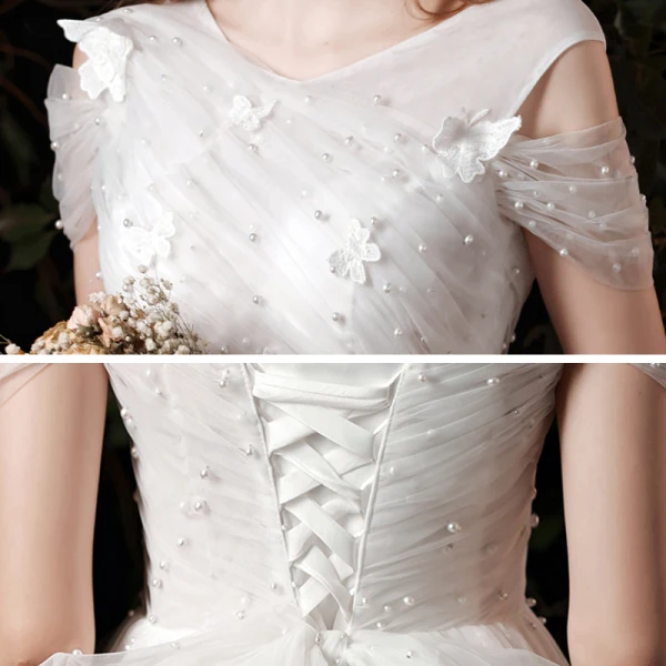 Affordable White Outdoor / Garden Wedding Dresses 2021 A-Line / Princess V-Neck Short Sleeve Backless Butterfly Appliques Lace Beading Pearl Floor-Length / Long Ruffle