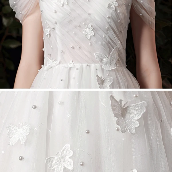 Affordable White Outdoor / Garden Wedding Dresses 2021 A-Line / Princess V-Neck Short Sleeve Backless Butterfly Appliques Lace Beading Pearl Floor-Length / Long Ruffle