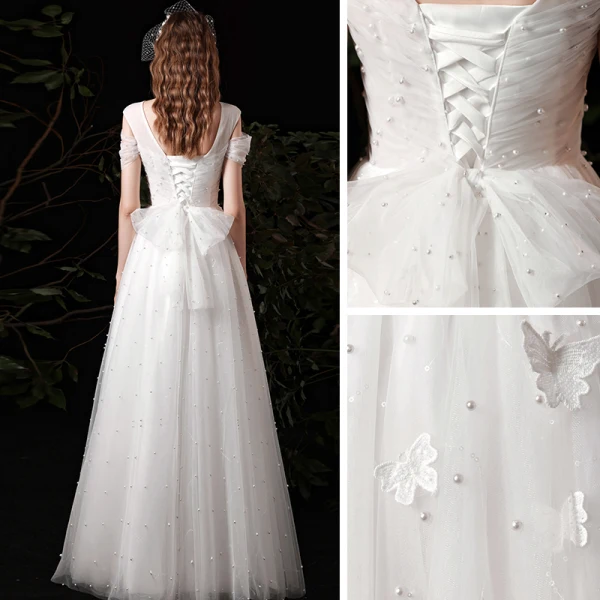 Affordable White Outdoor / Garden Wedding Dresses 2021 A-Line / Princess V-Neck Short Sleeve Backless Butterfly Appliques Lace Beading Pearl Floor-Length / Long Ruffle