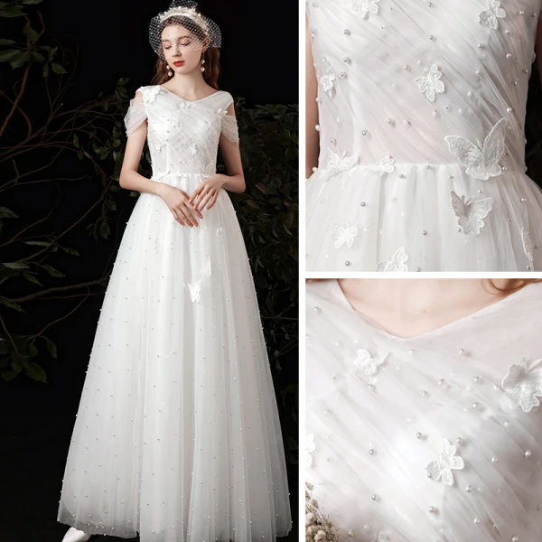 Affordable White Outdoor / Garden Wedding Dresses 2021 A-Line / Princess V-Neck Short Sleeve Backless Butterfly Appliques Lace Beading Pearl Floor-Length / Long Ruffle