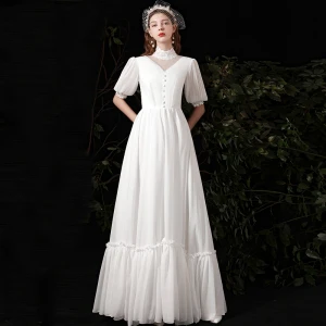 Affordable White Chiffon Outdoor Garden Wedding Dresses 2021 A Line Princess High Neck Puffy 1 2 Sleeves Floor Length Long Ruffle