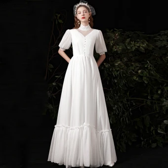 Abordable Blanche Chiffon Jardin Extérieur Robe De Mariée 2021 Princesse Col Haut Gonflée 1 2 Manches Longue Volants