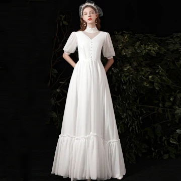 Affordable White Chiffon Outdoor Garden Wedding Dresses 2021 A Line Princess High Neck Puffy 1 2 Sleeves Floor Length Long Ruffle