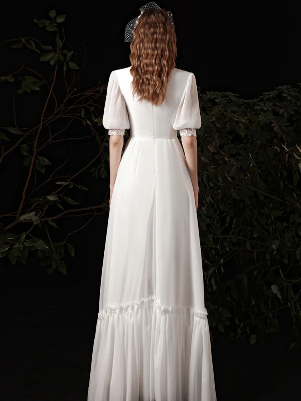 Affordable White Chiffon Outdoor / Garden Wedding Dresses 2021 A-Line / Princess High Neck Puffy 1/2 Sleeves Floor-Length / Long Ruffle