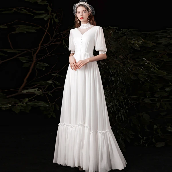 Affordable White Chiffon Outdoor / Garden Wedding Dresses 2021 A-Line / Princess High Neck Puffy 1/2 Sleeves Floor-Length / Long Ruffle