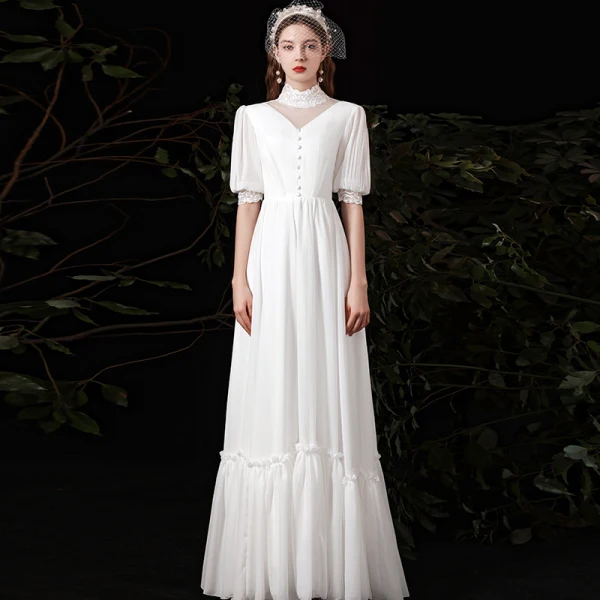 Affordable White Chiffon Outdoor / Garden Wedding Dresses 2021 A-Line / Princess High Neck Puffy 1/2 Sleeves Floor-Length / Long Ruffle