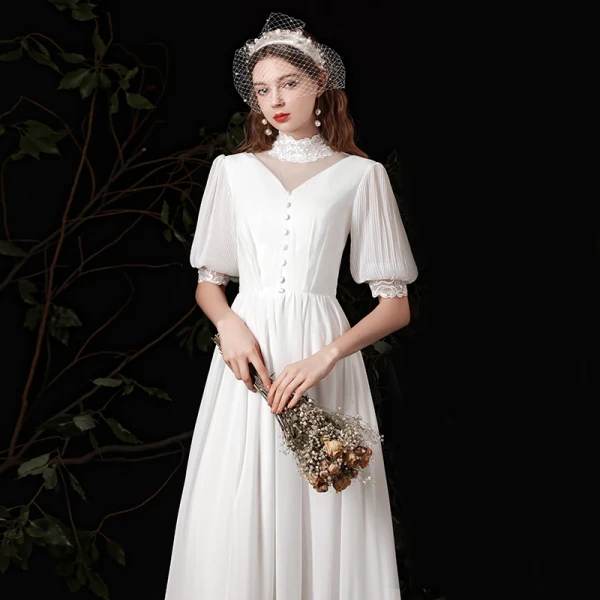 Affordable White Chiffon Outdoor / Garden Wedding Dresses 2021 A-Line / Princess High Neck Puffy 1/2 Sleeves Floor-Length / Long Ruffle