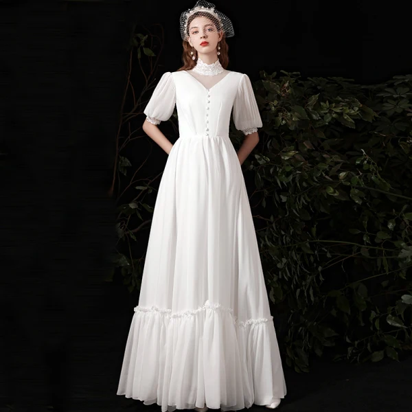 Affordable White Chiffon Outdoor / Garden Wedding Dresses 2021 A-Line / Princess High Neck Puffy 1/2 Sleeves Floor-Length / Long Ruffle