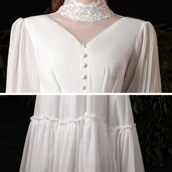 Affordable White Chiffon Outdoor / Garden Wedding Dresses 2021 A-Line / Princess High Neck Puffy 1/2 Sleeves Floor-Length / Long Ruffle