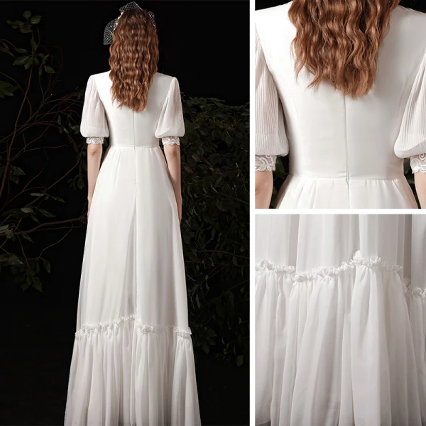 Affordable White Chiffon Outdoor / Garden Wedding Dresses 2021 A-Line / Princess High Neck Puffy 1/2 Sleeves Floor-Length / Long Ruffle