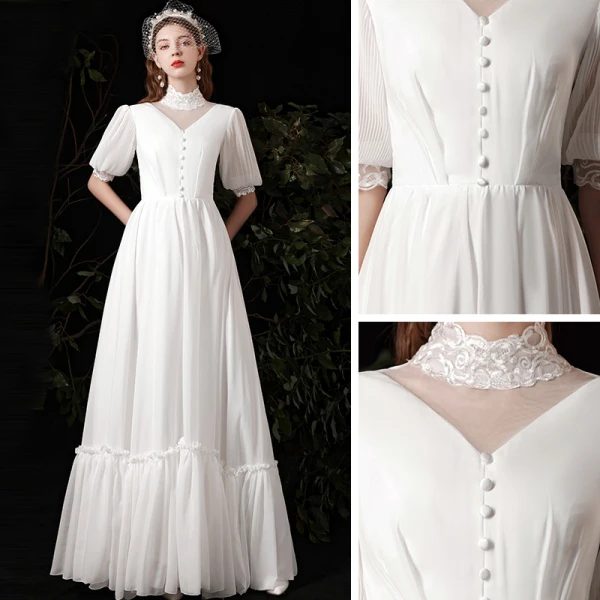 Affordable White Chiffon Outdoor / Garden Wedding Dresses 2021 A-Line / Princess High Neck Puffy 1/2 Sleeves Floor-Length / Long Ruffle