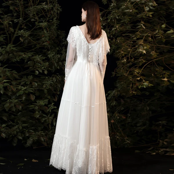 Affordable White Lace Outdoor / Garden Wedding Dresses 2021 A-Line / Princess V-Neck Long Sleeve Backless Floor-Length / Long Ruffle