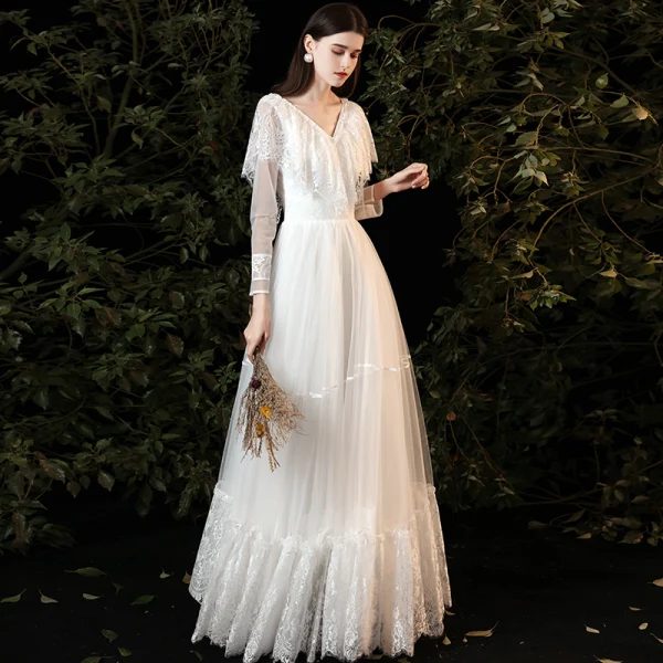 Affordable White Lace Outdoor / Garden Wedding Dresses 2021 A-Line / Princess V-Neck Long Sleeve Backless Floor-Length / Long Ruffle