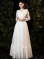 Affordable White Lace Outdoor / Garden Wedding Dresses 2021 A-Line / Princess V-Neck Long Sleeve Backless Floor-Length / Long Ruffle