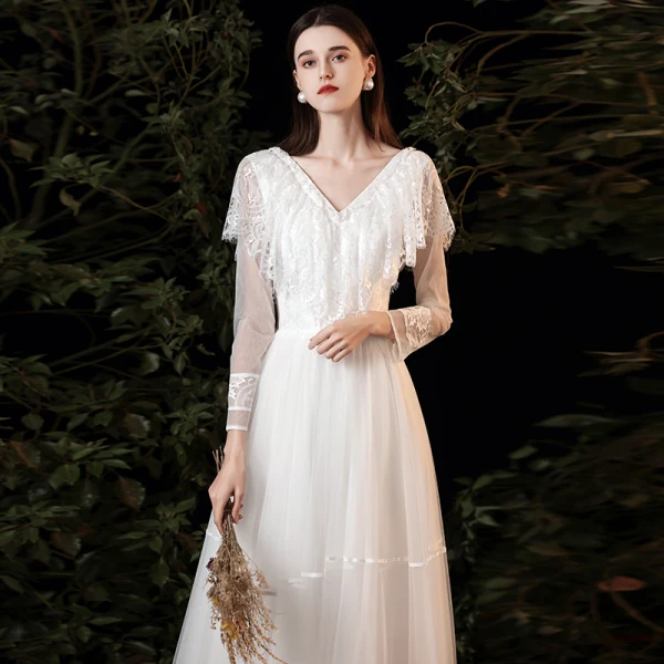 Affordable White Lace Outdoor / Garden Wedding Dresses 2021 A-Line / Princess V-Neck Long Sleeve Backless Floor-Length / Long Ruffle
