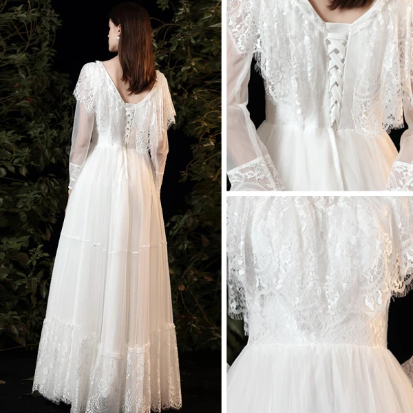 Affordable White Lace Outdoor / Garden Wedding Dresses 2021 A-Line / Princess V-Neck Long Sleeve Backless Floor-Length / Long Ruffle