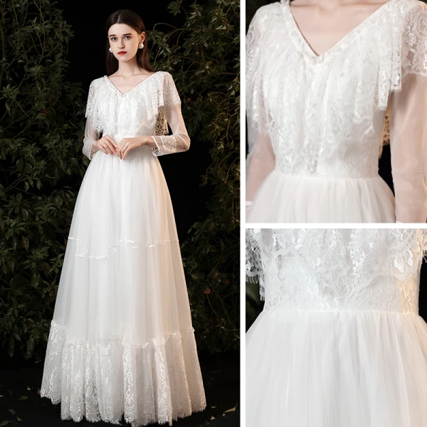 Affordable White Lace Outdoor / Garden Wedding Dresses 2021 A-Line / Princess V-Neck Long Sleeve Backless Floor-Length / Long Ruffle