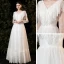 Affordable White Lace Outdoor / Garden Wedding Dresses 2021 A-Line / Princess V-Neck Long Sleeve Backless Floor-Length / Long Ruffle