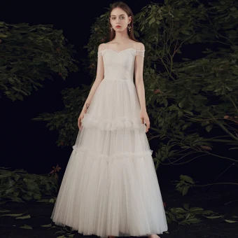Abordable Ivoire Jardin Extérieur Été Légère Robe De Mariée 2021 Princesse De L 039 Épaule Manches Courtes Dos Nu Longue Volants