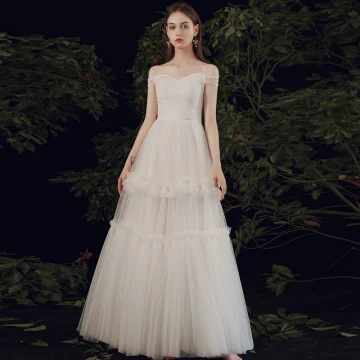 Affordable Ivory Outdoor Garden Summer Light Wedding Dresses 2021 A Line Princess Off The Shoulder Short Sleeve Backless Floor Length Long Ruffle