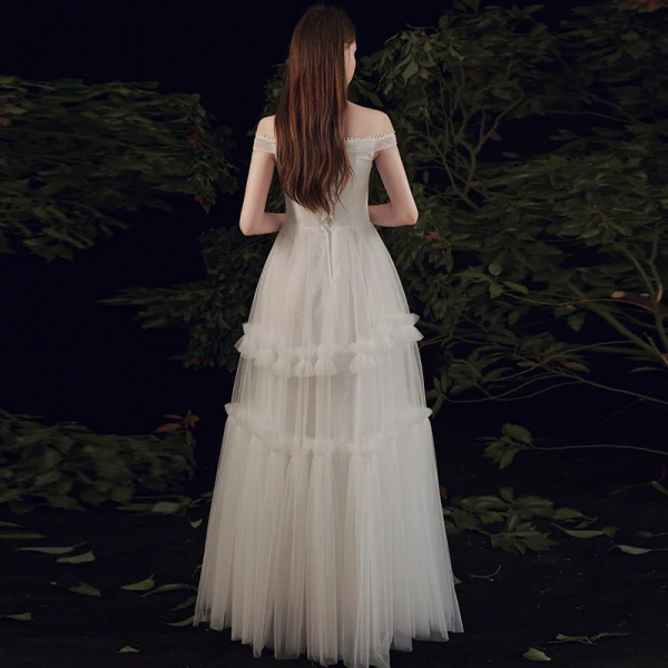 Affordable Ivory Outdoor / Garden Summer Light Wedding Dresses 2021 A-Line / Princess Off-The-Shoulder Short Sleeve Backless Floor-Length / Long Ruffle