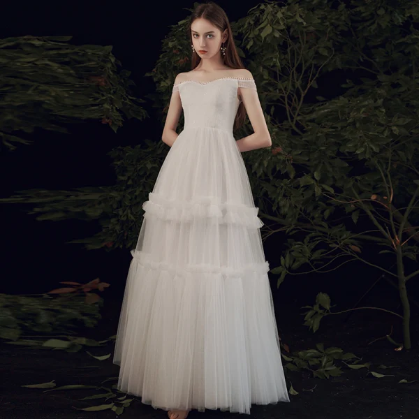 Affordable Ivory Outdoor / Garden Summer Light Wedding Dresses 2021 A-Line / Princess Off-The-Shoulder Short Sleeve Backless Floor-Length / Long Ruffle