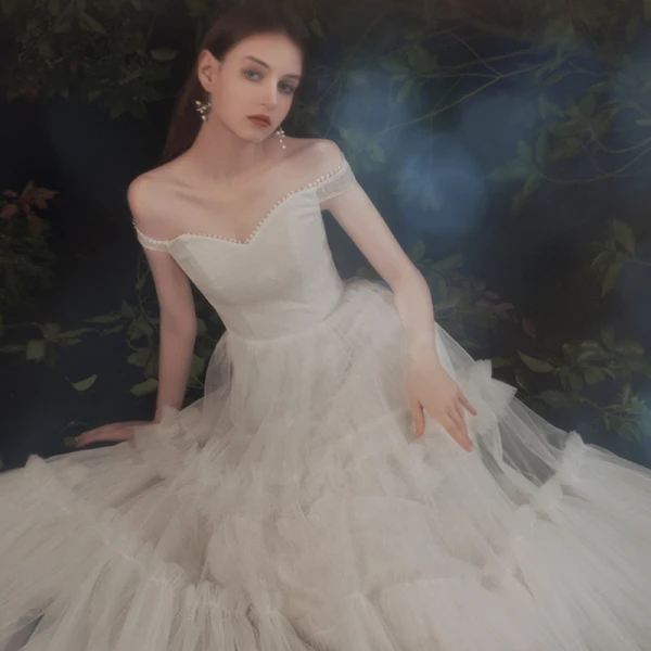 Affordable Ivory Outdoor / Garden Summer Light Wedding Dresses 2021 A-Line / Princess Off-The-Shoulder Short Sleeve Backless Floor-Length / Long Ruffle