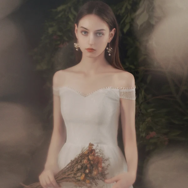 Affordable Ivory Outdoor / Garden Summer Light Wedding Dresses 2021 A-Line / Princess Off-The-Shoulder Short Sleeve Backless Floor-Length / Long Ruffle